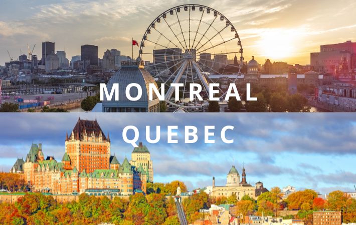 Montagem de duas imagens de paisagens de Montreal e Quebec