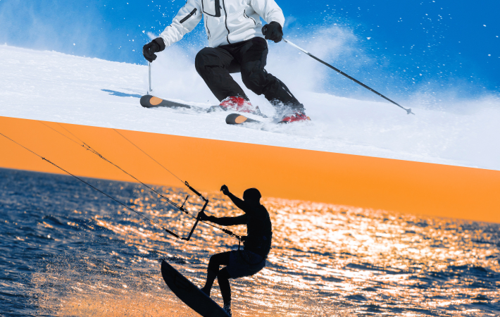 Imagem apresenta duas fotos contrastantes, a de cima em tons invernais, mostra um esquiador na neve. A de baixo, em tons quentes apresenta um jovem praticando esportes aquáticos.