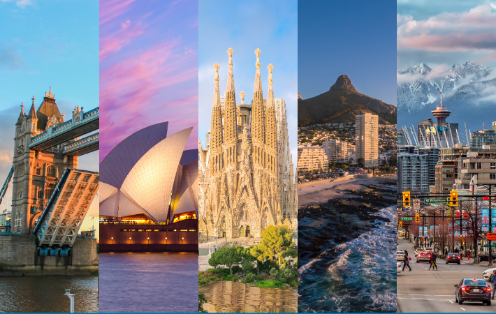 Capa do post com montagem de 5 imagens representando as seguintes cidades: Londres, Sydney, Barcelona, Cape Town e Vancouver.