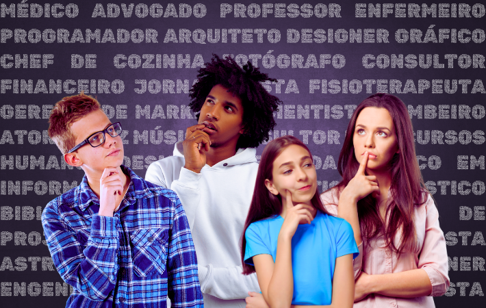 Jovens contemplando futuras profissões sobre um fundo roxo com várias carreiras escritas