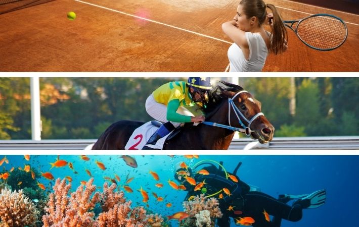 Montagem com três exemplos de esportes de verão